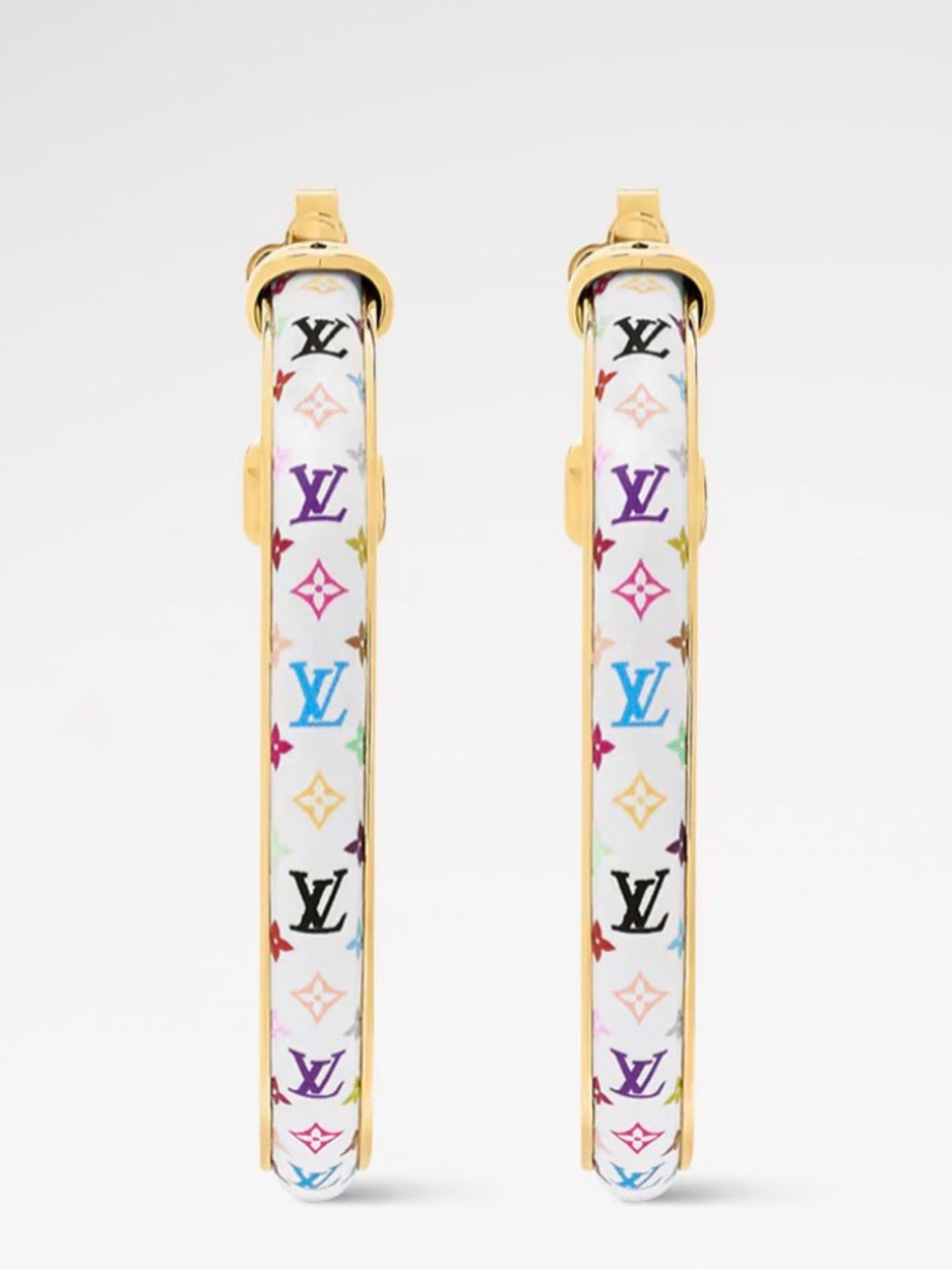 Louis Vuitton White Multicolor Monogram Gold-Trim Hoop Earrings with box - Picture 1 of 6